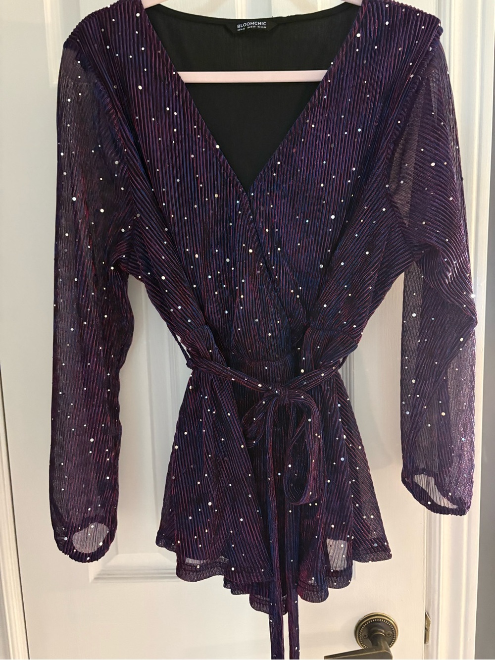 BloomChic Purple Sequin Pleated Wrap Blouse